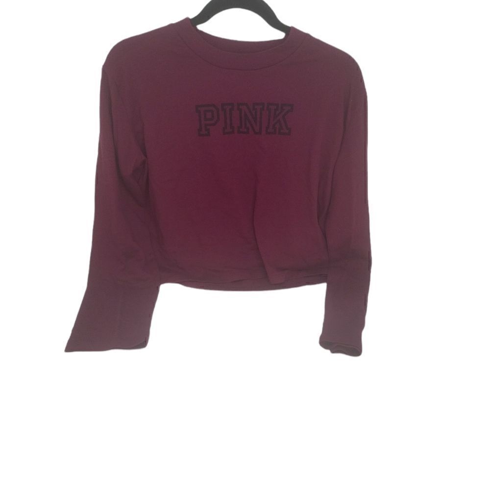 Victoria's Secret PINK Maroon L/S Semi-Cropped Pullover Graphic Top Sz SP
